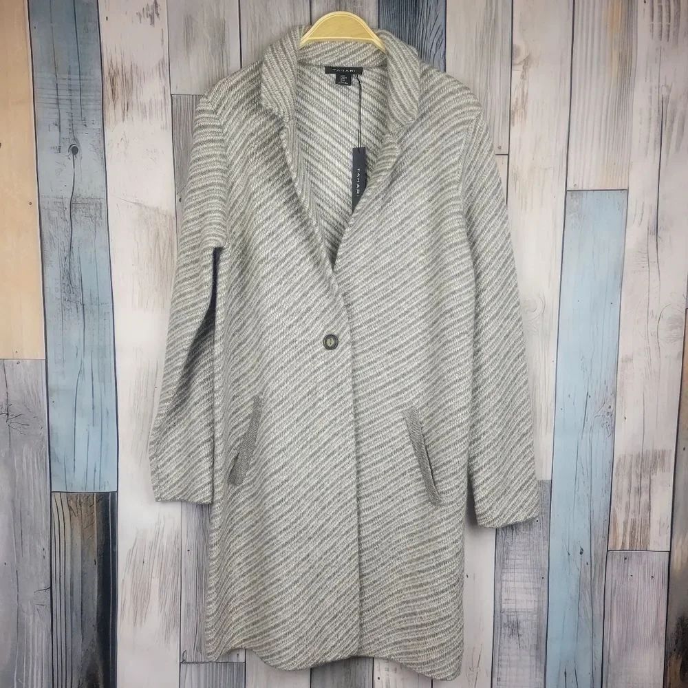 Tahari Gray Striped Wool Blend Knit Coat One Button Cardigan Size Medium